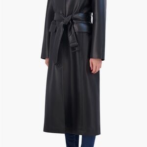 Black Leather Belted Women's Coat